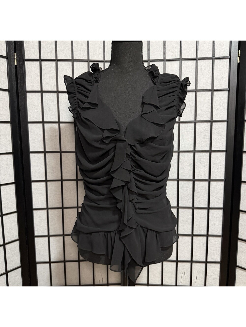 Cache Black Chiffon Ruched Ruffle Front Sleeveless Top Hook Eye